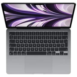 MacBook Air M2 2022 cinza‑espacial visto de cima, tela Retina com molduras finas, notch central, teclado preto com layout completo e trackpad amplo