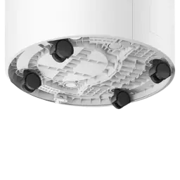 Base do Xiaomi Smart Dehumidifier Lite Branco com quatro rodízios pretos, design circular, acabamento branco fosco e estrutura inferior texturizada para