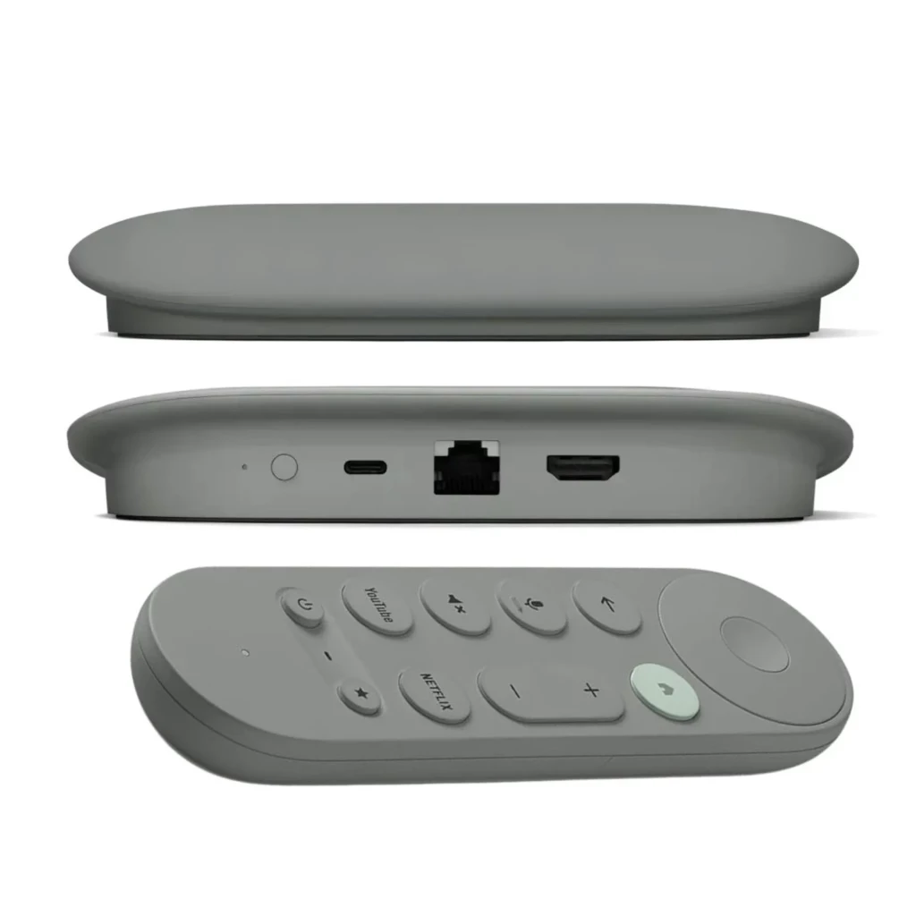 Google TV Streamer 4K Avellana Versión importación con control remoto minimalista gris, botones circulares, micrófono y base ovalada a juego - Ítem1
