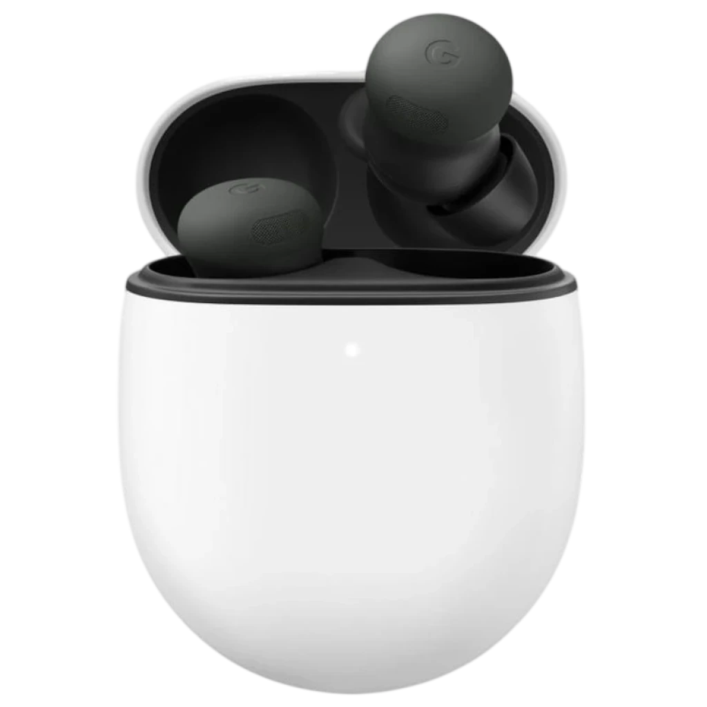 Estuche blanco ovalado con tapa negra abierta y dos auriculares intraurales Google Pixel Buds Pro 2 en color verde líquen, diseño compacto y minimalista - Ítem