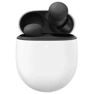 Estuche blanco ovalado con tapa negra abierta y dos auriculares intraurales Google Pixel Buds Pro 2 en color verde líquen, diseño compacto y minimalista