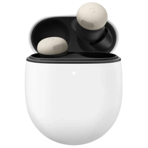 Google Pixel Buds Pro 2 Porcelana: estuche blanco ovalado con LED frontal y tapa negra, audífonos intrauditivos beige con rejillas y diseño minimalista