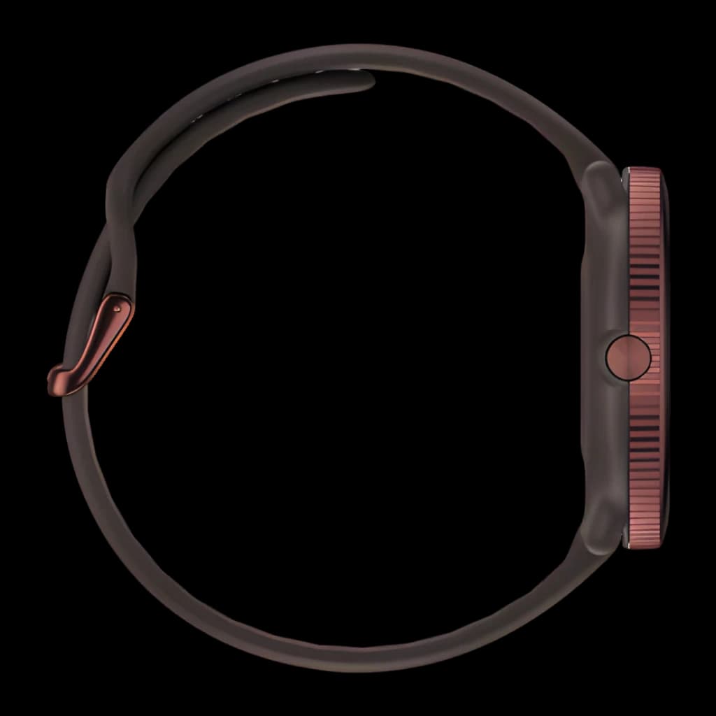 Relógio Polar Ignite 3 marrom visto de lado, caixa 43 mm com aro texturizado, botão lateral, tela AMOLED 1,28 pol e pulseira de silicone ajustável
