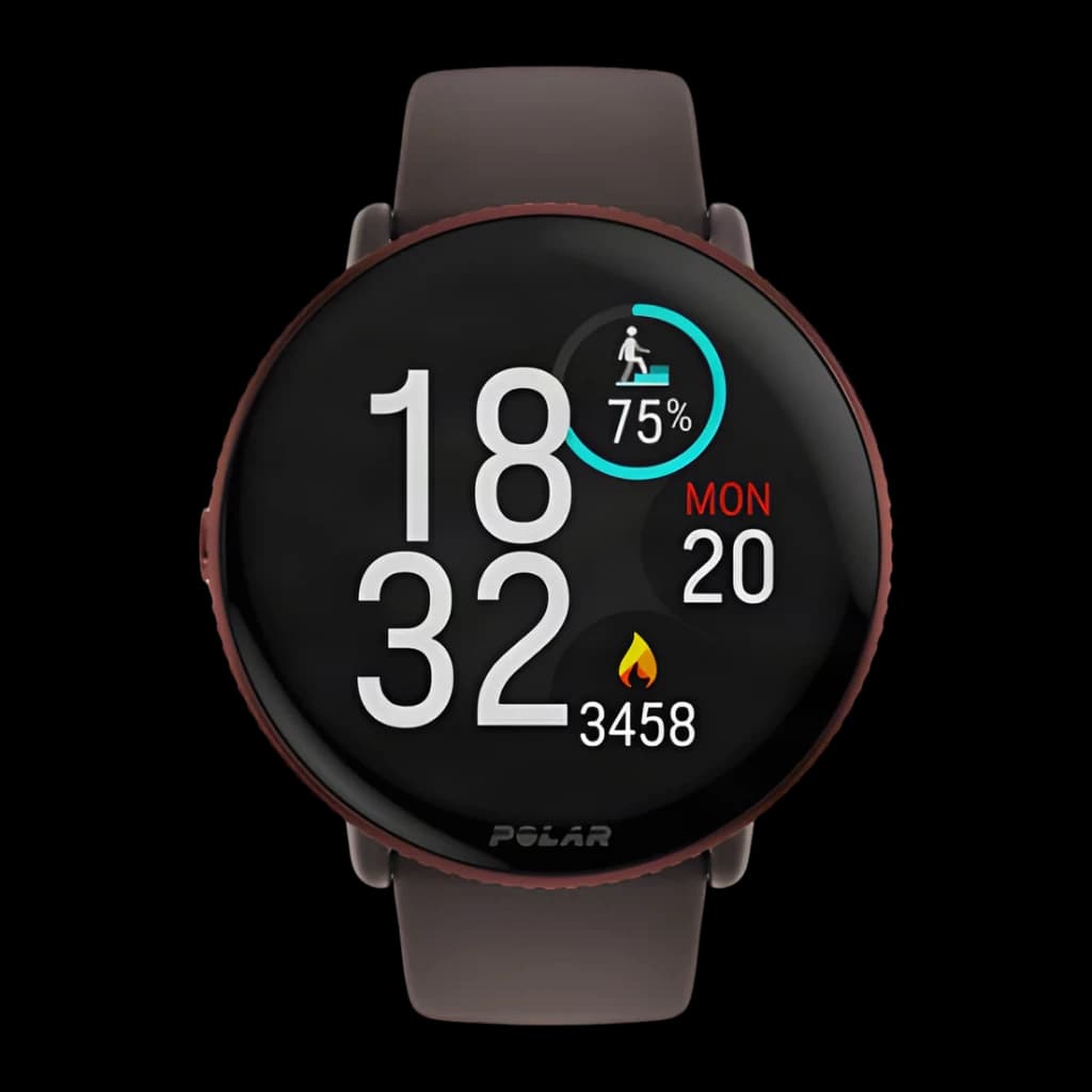 Relógio Polar Ignite 3 com ecrã AMOLED 1,28 pol circular, mostrador digital 416x416, moldura fina cobre e pulseira marrom, ícones de atividade e GPS