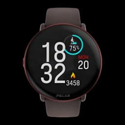 Relógio Polar Ignite 3 com ecrã AMOLED 1,28 pol circular, mostrador digital 416x416, moldura fina cobre e pulseira marrom, ícones de atividade e GPS