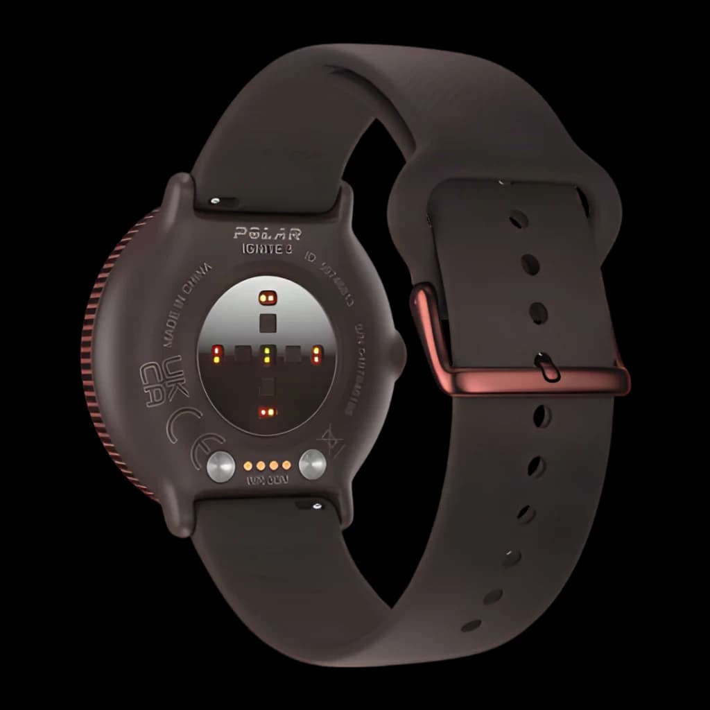 Relógio Polar Ignite 3 marrom com pulseira de silicone, fecho metálico, sensores de saúde no verso e caixa 43 mm; tela AMOLED 1,28 pol 416x416 touch
