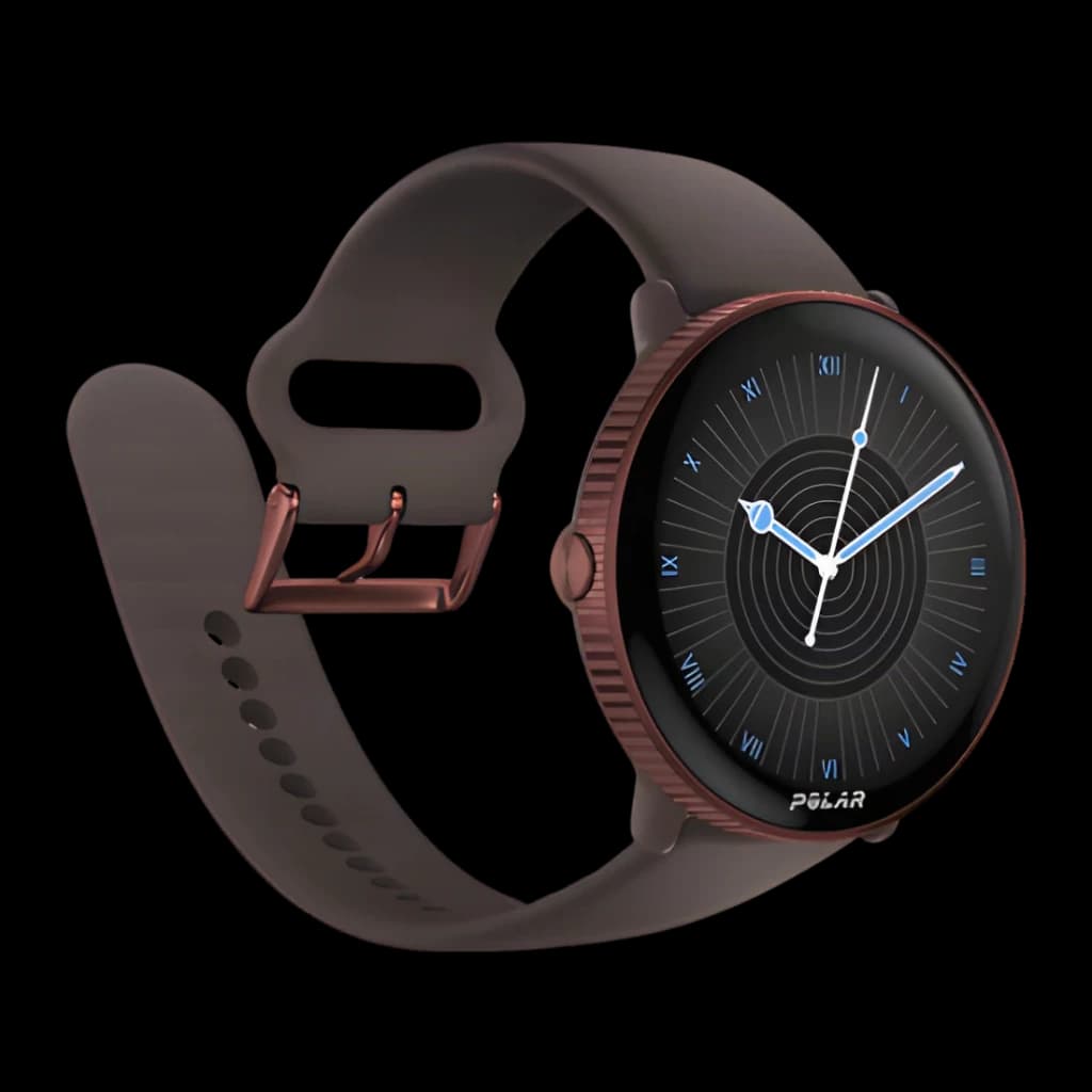 Relógio Polar Ignite 3 marrom com caixa 43 mm, tela AMOLED 1,28 416x416 tátil, mostrador analógico minimalista, borda texturizada e pulseira ajustável