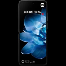 Xiaomi Mix Flip 5G negro con gran pantalla interna, bisel delgado y flor azul en display; logotipos Xiaomi, Leica y HyperOS visibles en la parte frontal