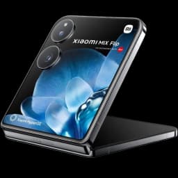 Xiaomi Mix Flip 5G negro plegable con doble cámara trasera grande, pantalla externa brillante con flor azul, bisagras metálicas pulidas, 12GB RAM y 512GB