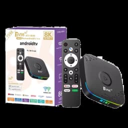 TV box TV98 ATV Mini preta com display LED, luz RGB lateral, controle remoto completo, portas USB e HDMI, suporte 8K, dual Wi‑Fi e Android 14