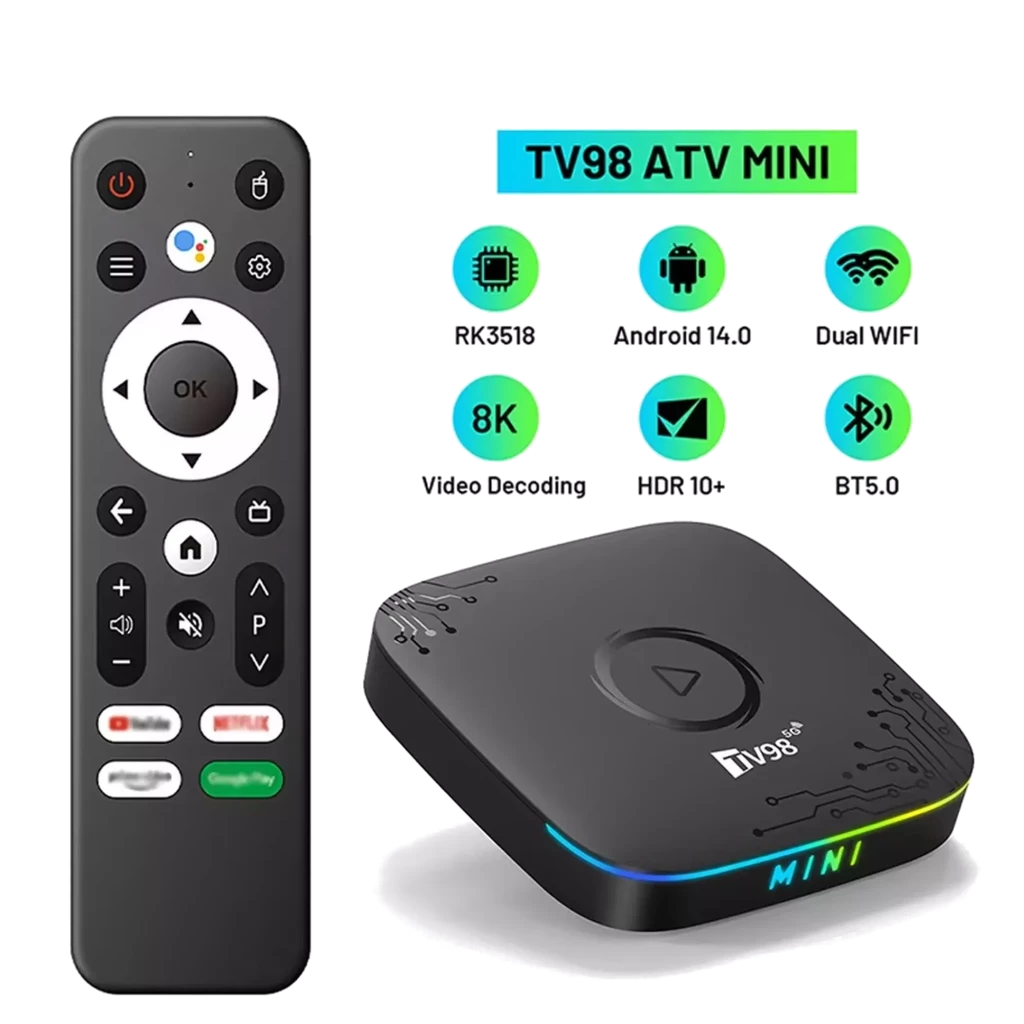 TV box TV98 ATV Mini preta com display LED, luz RGB lateral, controle remoto completo, portas USB e HDMI, suporte 8K, dual Wi‑Fi e Android 14 - Item1