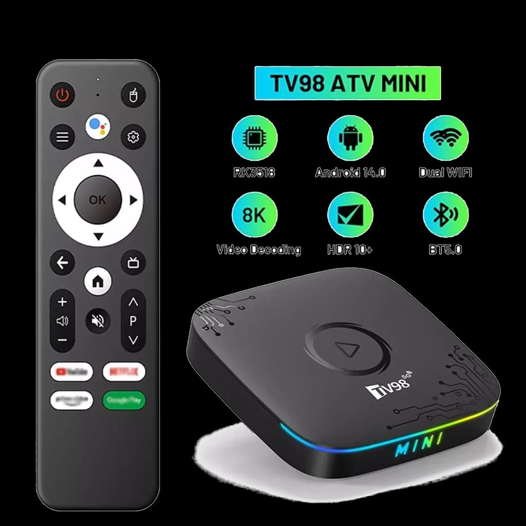 TV box TV98 ATV Mini preto com LED, controle remoto incluso, suporte 8K, Android 14, chip RK3518, Dual WiFi, HDR10+, BT 5.0, 2GB RAM e 16GB armazenamento