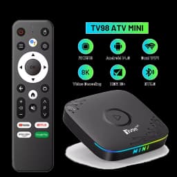 TV box TV98 ATV Mini preto com LED, controle remoto incluso, suporte 8K, Android 14, chip RK3518, Dual WiFi, HDR10+, BT 5.0, 2GB RAM e 16GB armazenamento