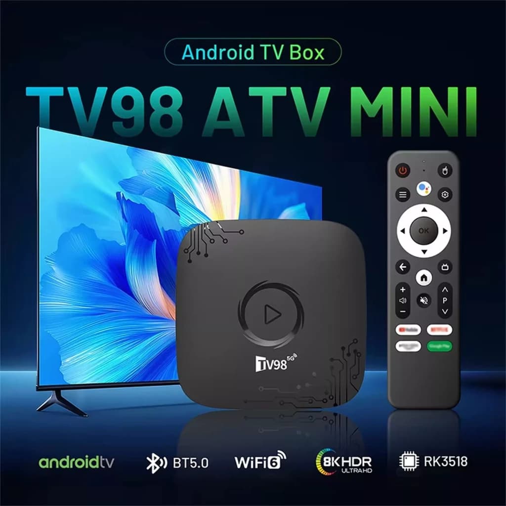 TV box TV98 ATV Mini preto com controle remoto, design compacto, ícone de play central, logotipos Android TV, BT 5.0, WiFi 6, 8K HDR e chip RK3518