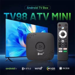 TV box TV98 ATV Mini preto com controle remoto, design compacto, ícone de play central, logotipos Android TV, BT 5.0, WiFi 6, 8K HDR e chip RK3518