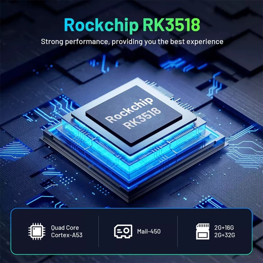 Chip Rockchip RK3518 em close-up com luzes azuis e traços de circuito, destacando desempenho quad-core Cortex-A53, GPU Mali-450 e opções 2G+16G/2G+32G