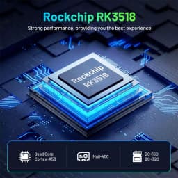 Chip Rockchip RK3518 em close-up com luzes azuis e traços de circuito, destacando desempenho quad-core Cortex-A53, GPU Mali-450 e opções 2G+16G/2G+32G