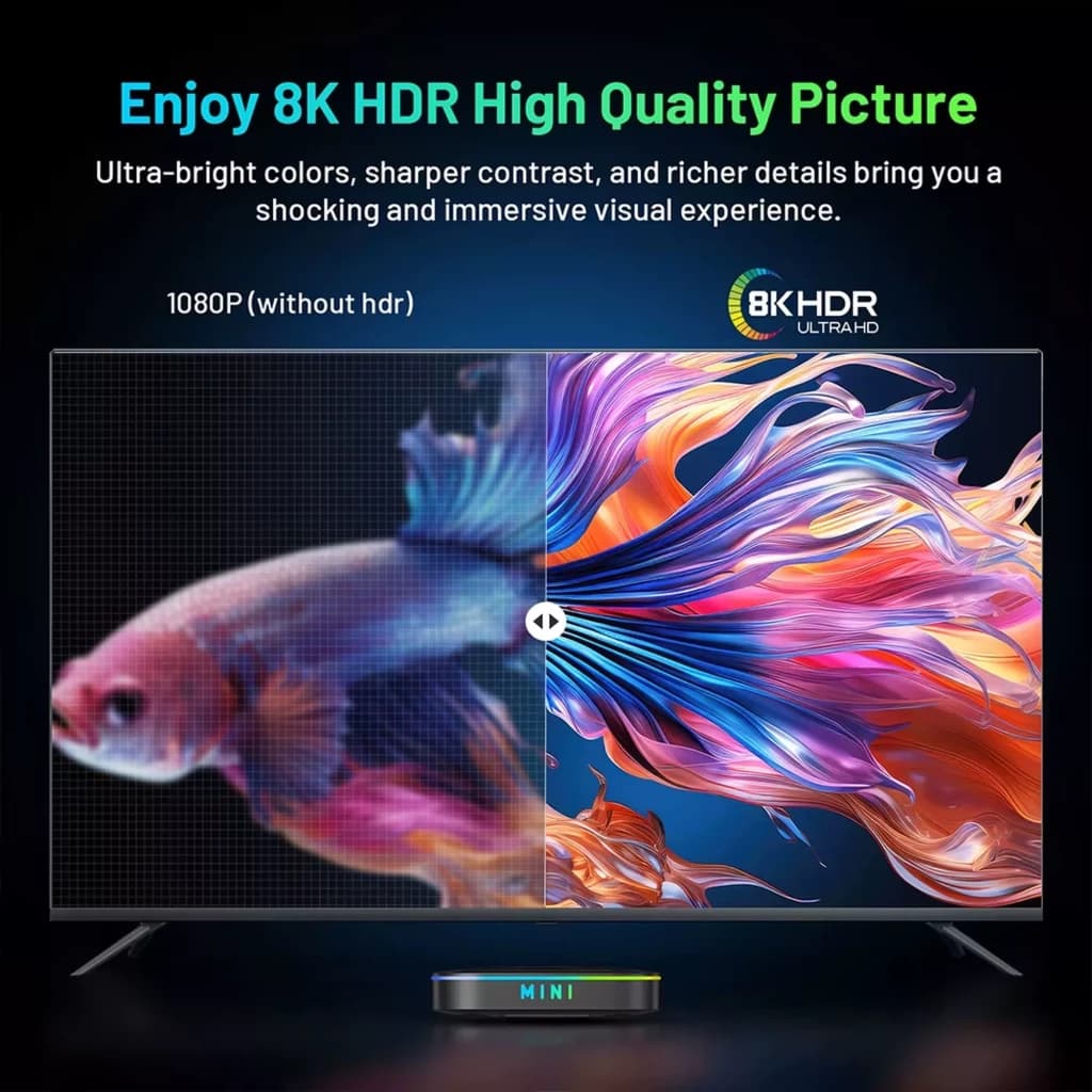 TV box mini preta com indicador LED MINi, destaca 8K HDR Ultra HD, comparação 1080p vs 8K na tela, cores vivas e contraste alto, Android TV 14