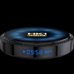HK1 Rbox W2T S905W2 Android TV negro, caja circular brillante con pantalla LED azul mostrando hora y WiFi, diseño compacto y moderno 2GB RAM 16GB