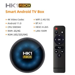 HK1 Rbox W2T S905W2 Android TV box negro, diseño circular con logo central azul, incluye control remoto. Puertos laterales y soporte 4K, WiFi dual y LAN.