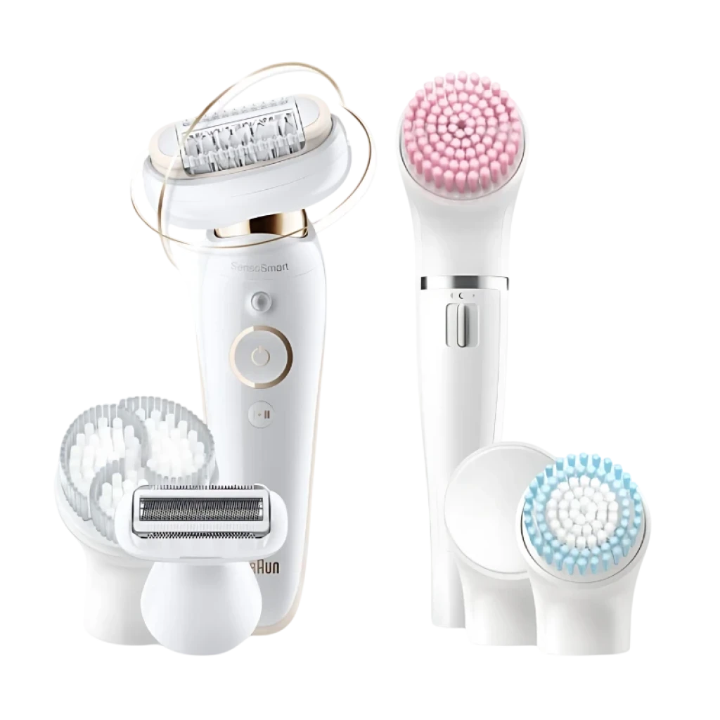 Braun Silk-épil 9 Flex 9100 BS épilateur or/blanc avec tête flexible, 40 pincettes, tête rasoir, brosse visage rose, brosse grise et embout massage - Ítem