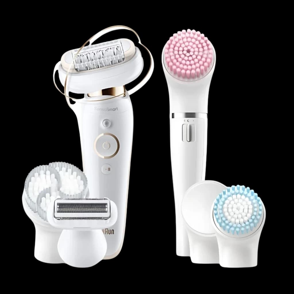 Braun Silk-épil 9 Flex 9100 BS en oro/blanco con cabezal flexible 40 pinzas, rasuradora, recortador y cepillos exfoliantes rosa y gris, diseño ergonómico