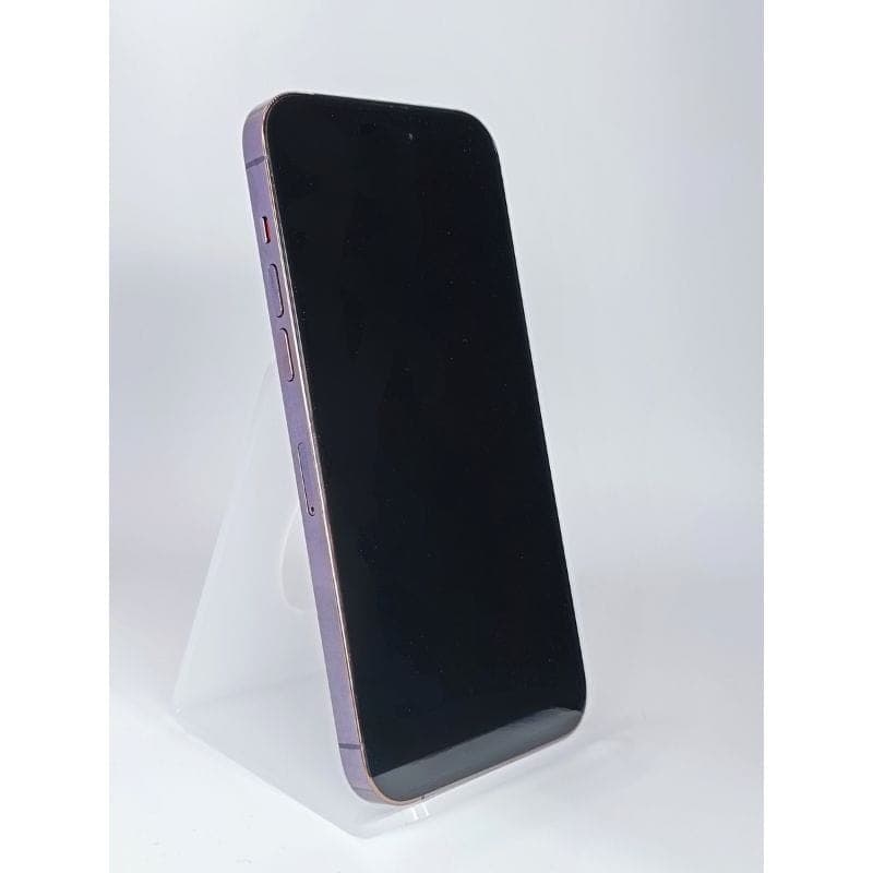 iPhone 14 Pro Max 128Go violet intense, écran large sans fissures, bords droits en aluminium, boutons latéraux visibles, état excellent reconditionné.