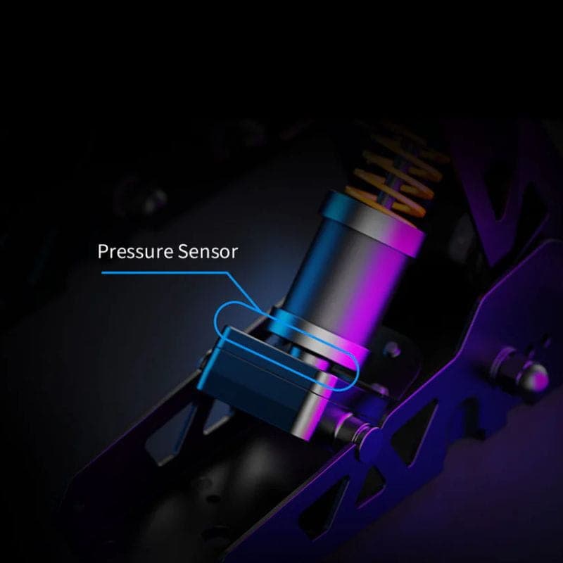 Moza Racing SR-P Preto para PC com sensor de pressão no pedal, molas ajustáveis e construção metálica robusta, destaque em iluminação azul e roxa