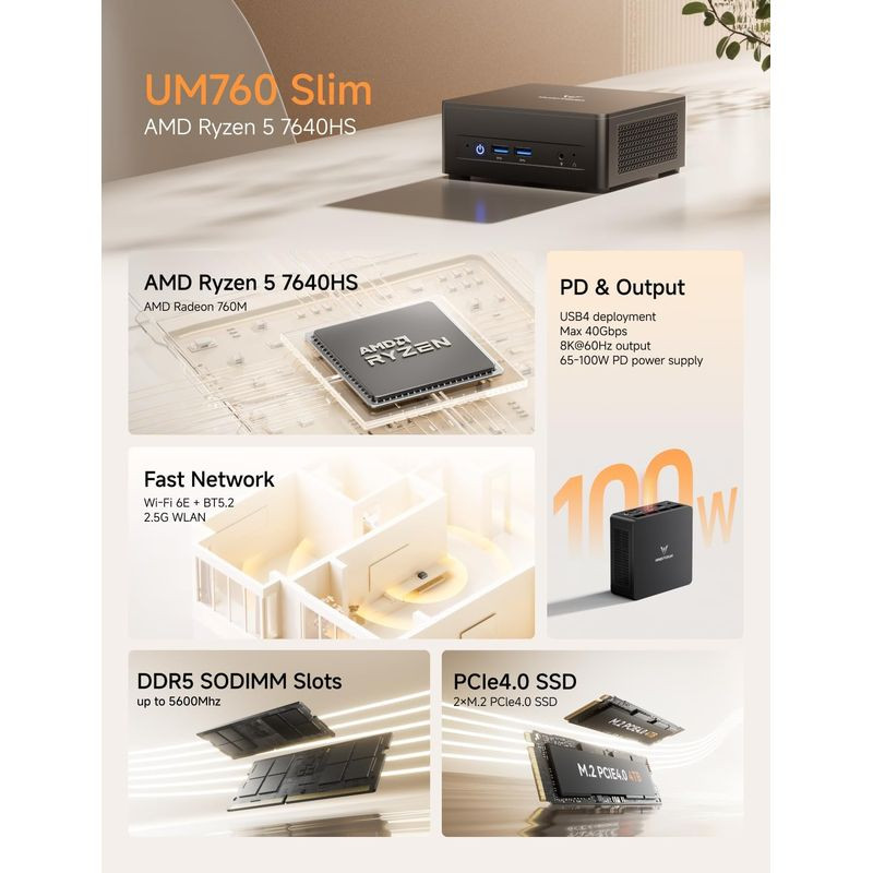 MINISFORUM Elite Mini UM760 Plus AMD Ryzen 5 7640HS 16GB/1TB SSD - Ítem1