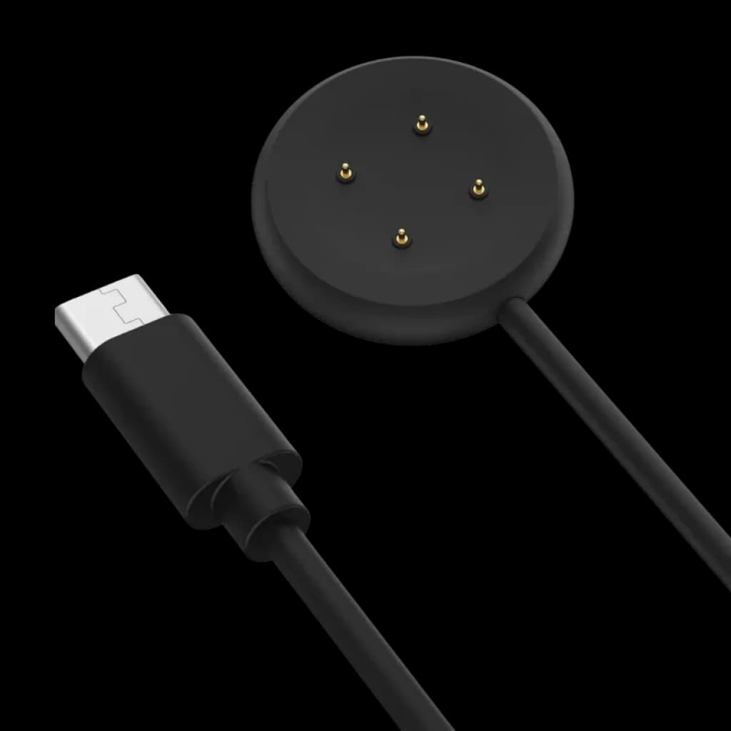 Carregador magnético preto com base circular de 4 pinos e cabo USB-C, compatível com Google Pixel Watch 3, Pixel Watch 2, Fitbit Versa 4 e Versa 3