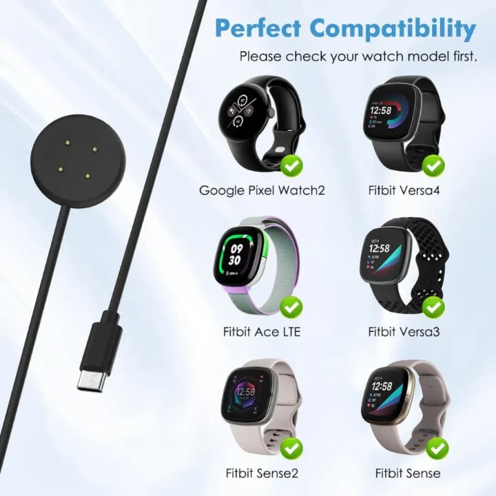 Carregador magnético USB-C preto com conector circular e 4 pinos dourados, cabo longo, compatível com Pixel Watch 3/2 e Fitbit Versa 4/3, Sense 2/1, Ace LTE