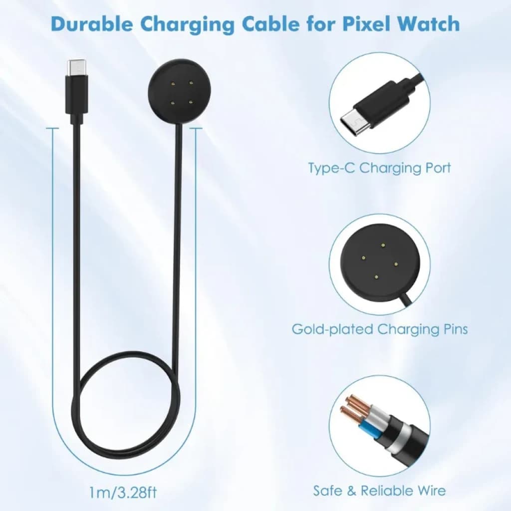 Cabo de carregamento USB-C preto 1 m com conector magnético e pinos dourados, compatível com Pixel Watch 3/2 e Fitbit Versa 4/3, fio seguro e durável