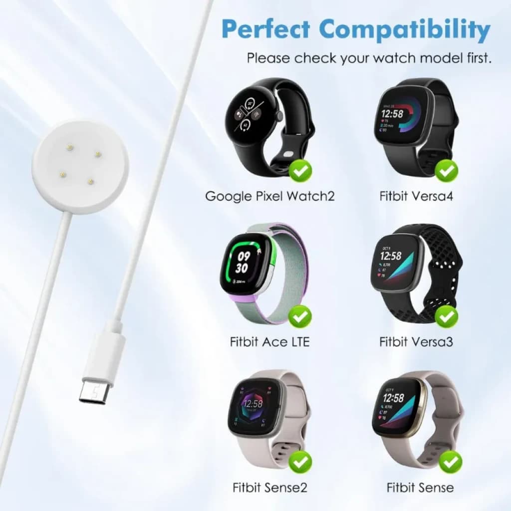 Carregador magnético branco USB-C com conector circular e 4 pinos dourados, cabo fino, compatível com Pixel Watch 3/2, Fitbit Versa 4/3 e Sense/Sense 2