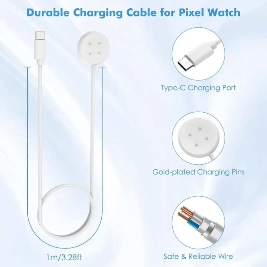 Cabo de carregamento branco USB-C 1 m com base magnética e pinos dourados, compatível com Google Pixel Watch 3/2 e Fitbit Versa 4/3
