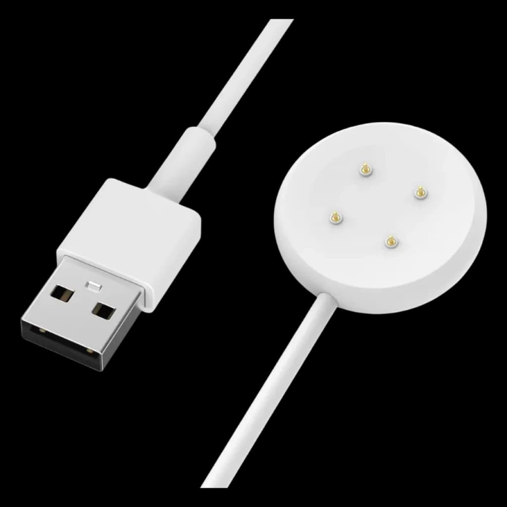 Carregador branco USB-A com base magnética circular e 4 pinos dourados, compatível com Google Pixel Watch 3, Pixel Watch 2, Fitbit Versa 4 e Versa 3