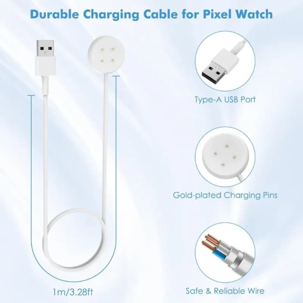 Cabo de carregamento branco USB-A 1 m com base magnética e pinos dourados, compatível com Google Pixel Watch 3/2 e Fitbit Versa 4/3