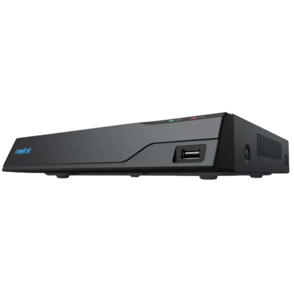 Reolink NVS8 negro, frontal minimalista con logo, indicadores LED PWR y HDD, puerto USB derecho, diseño rectangular para montaje en rack - Ítem1