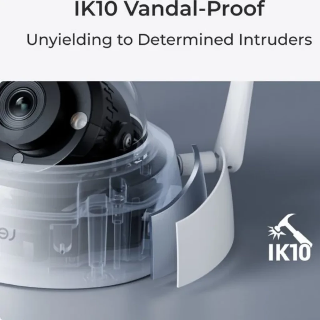 Reolink W437 con diseño domo blanco, lente central visible, LEDs infrarrojos y antenas WiFi dobles para exterior - Ítem6