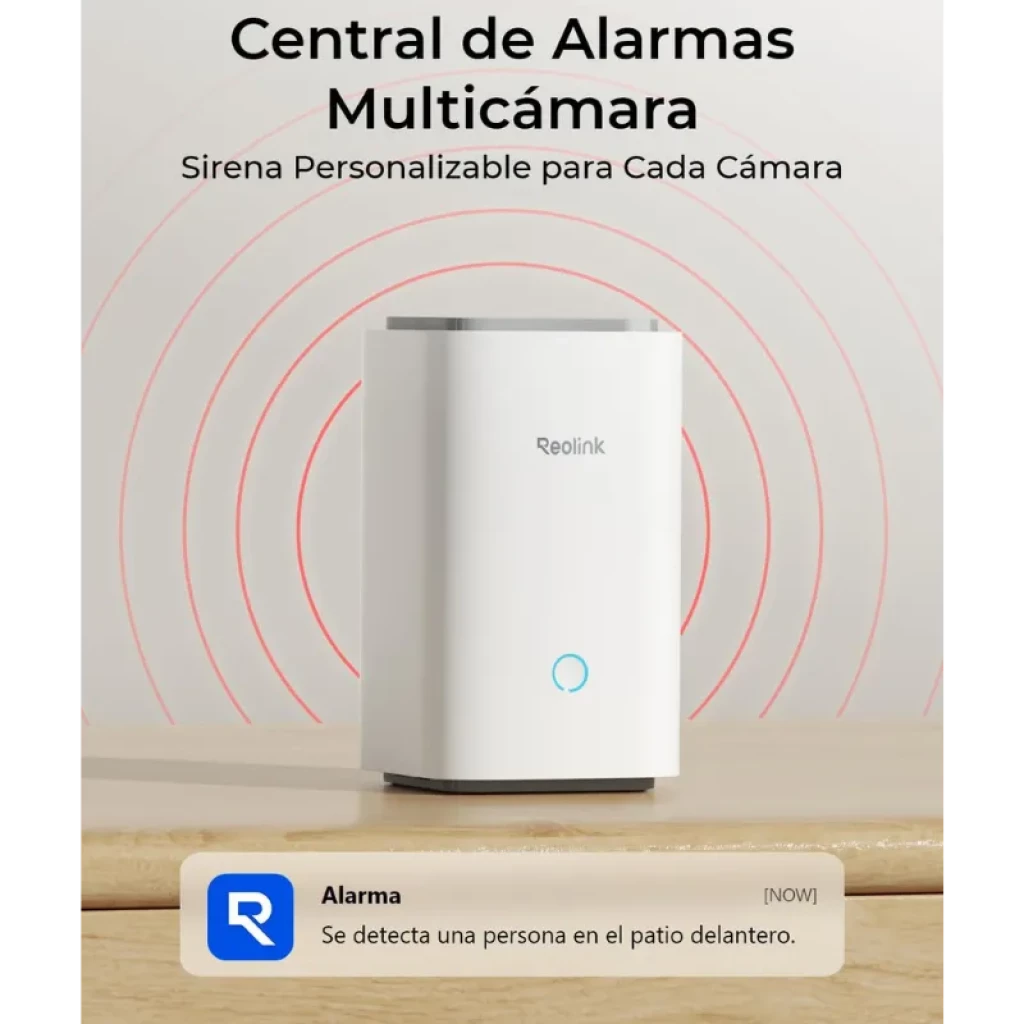 Reolink Home Hub Centro de Control para Cámaras de Seguridad en color blanco, diseño rectangular vertical con logo frontal y aro LED azul en la parte inferior - Ítem4