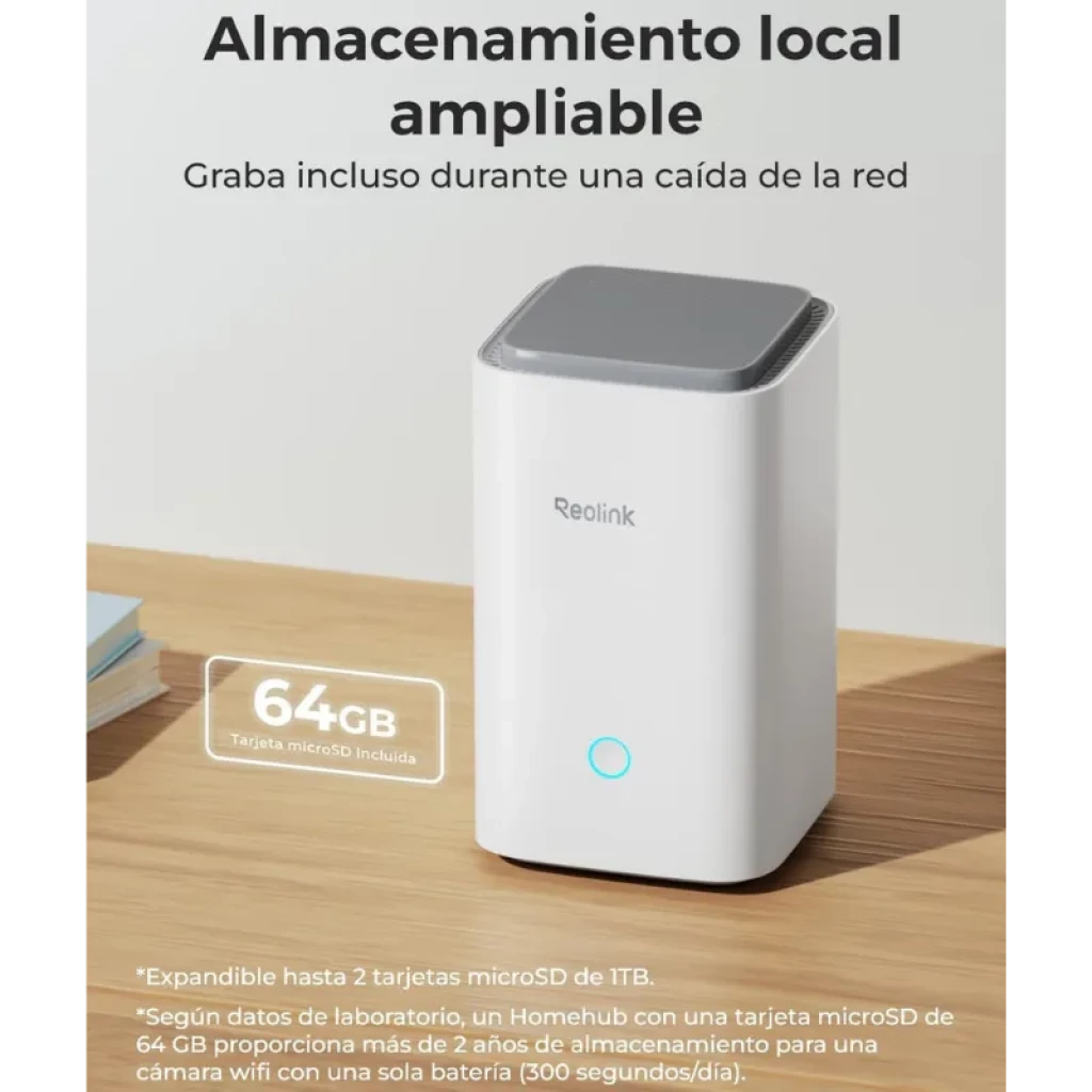 Reolink Home Hub Centro de Control para Cámaras de Seguridad en color blanco, diseño rectangular vertical con logo frontal y aro LED azul en la parte inferior - Ítem5