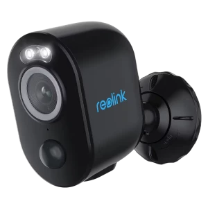 Reolink Argus Series B330-B con cuerpo negro compacto y foco LED dual, lente gran angular, sensor PIR frontal y soporte ajustable para exterior