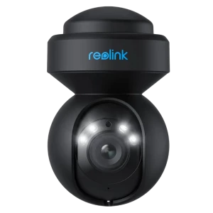 Reolink E Series E540-B negra con lente central y LEDs frontales, diseño domo exterior resistente y montaje mural