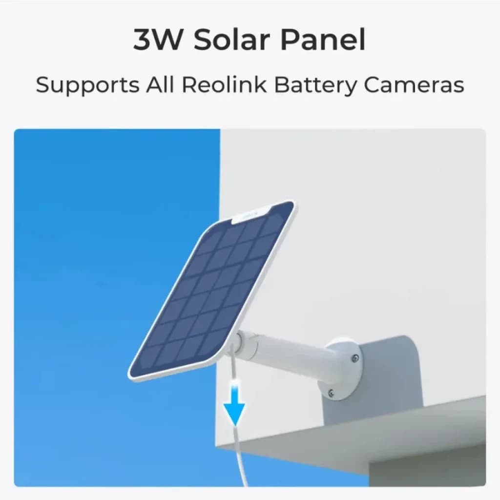 Panel solar 3W para cámaras Reolink a batería, color blanco, montado en pared con brazo blanco y cable, diseño delgado para exteriores y carga continua