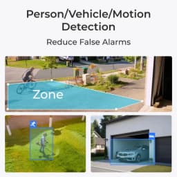 Interface de détection intelligente avec zones configurables pour les personnes, les véhicules et les mouvements, affichant des alertes à l'extérieur et dans le garage pour la caméra