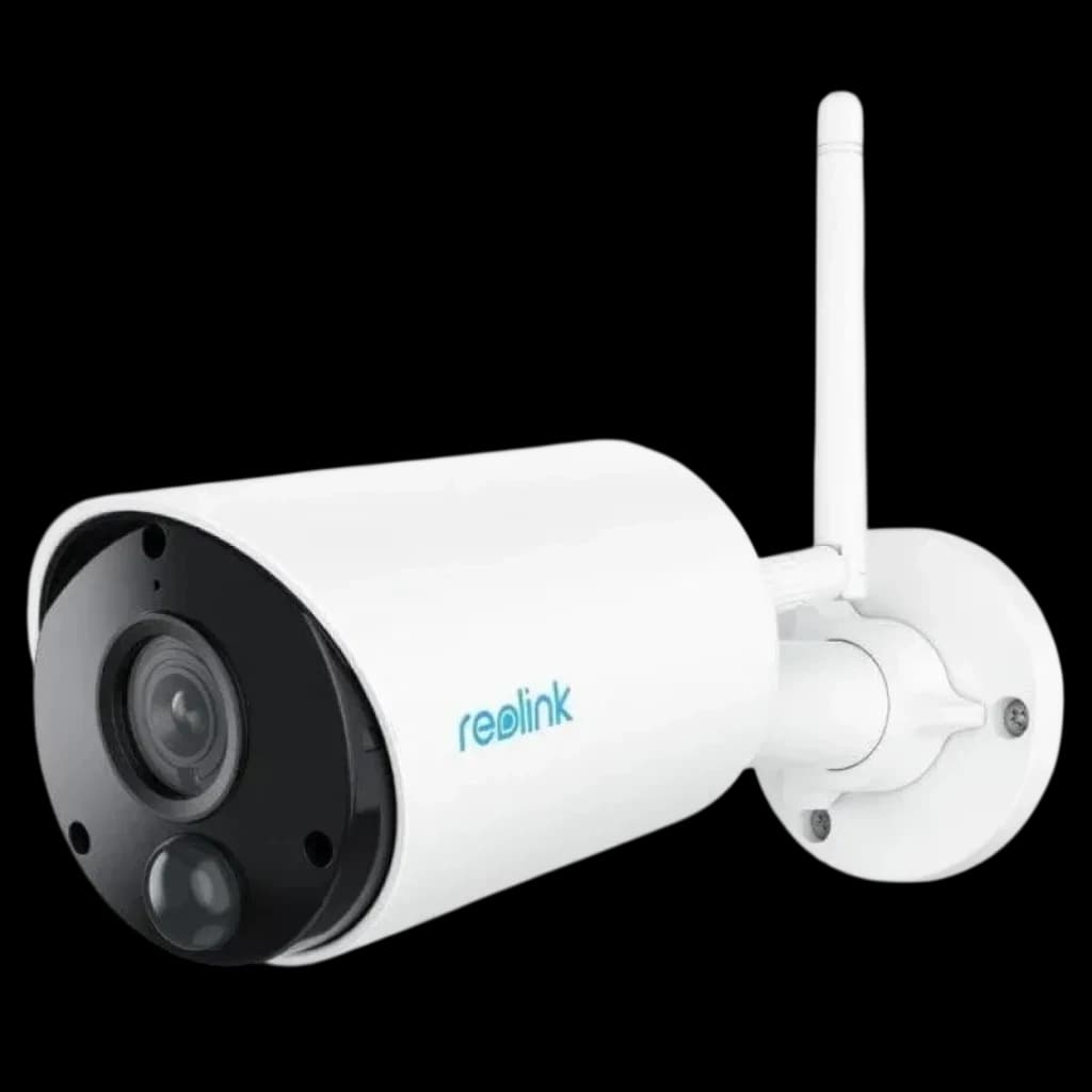 Reolink Argus Series B320 Blanca 3MP para exterior con carcasa cilíndrica, antena WiFi, base ajustable y frontal negro con lente y sensor inferiores