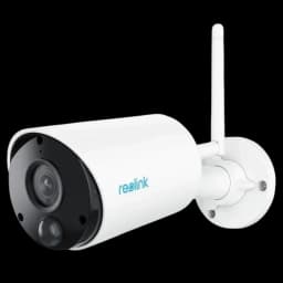 Reolink Argus Series B320 Blanche 3MP pour extérieur avec boîtier cylindrique, antenne WiFi, base réglable et façade noire avec objectif et capteur inférieurs