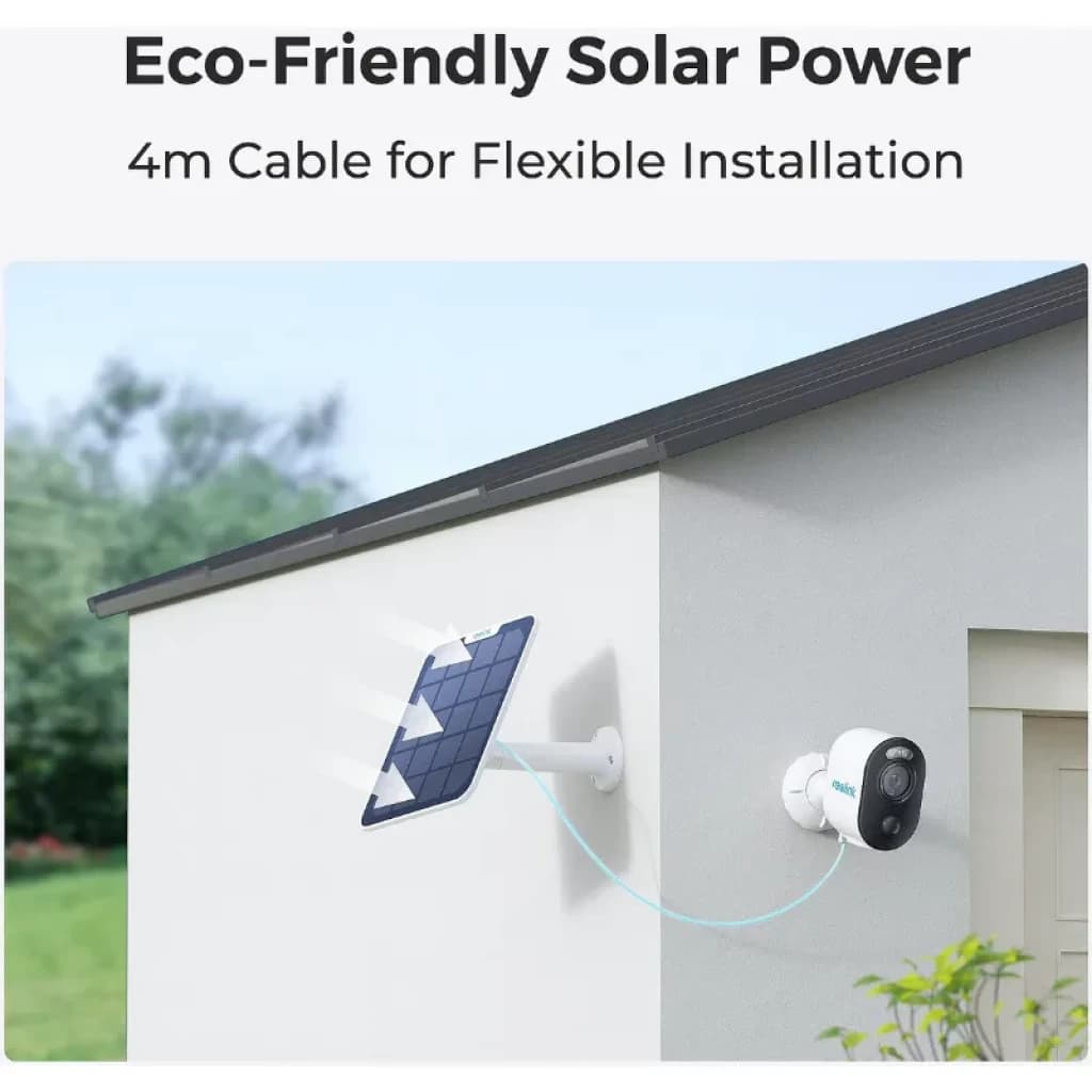 Câmara Reolink Argus Série B310 3MP com painel solar, cabo de 4 m, visão noturna a cores e design exterior IP65 montada na parede branca