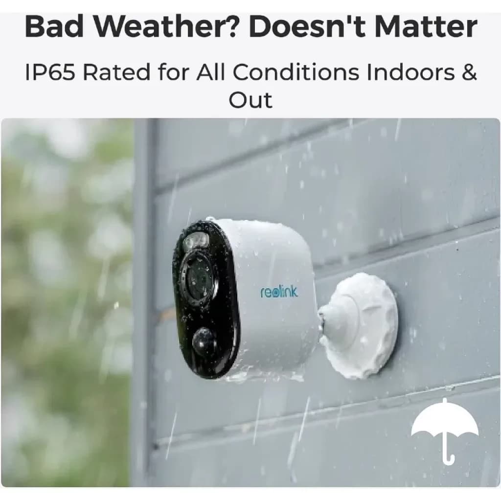 Câmara Reolink Argus Série B310 3MP, visão noturna a cores, caixa branca, lente e sensor frontais, montagem na parede, resistente à água IP65 sob chuva