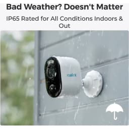 Câmara Reolink Argus Série B310 3MP, visão noturna a cores, caixa branca, lente e sensor frontais, montagem na parede, resistente à água IP65 sob chuva
