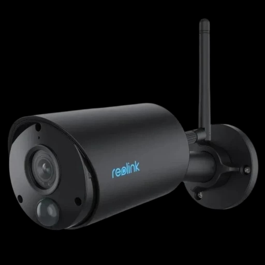 Cámara Reolink Argus Series B320-B negra 3MP para exterior, diseño cilíndrico con antena WiFi, lente frontal y sensor inferior, compatible con Google